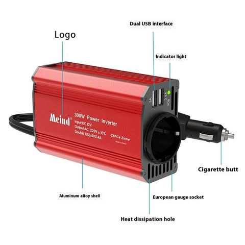 MEIND M7900 300W Car Inverter 12V to 220V Power Inverter with EU Socket + 2 USB Ports
