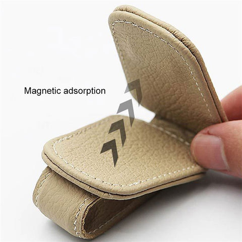 Magnetic Adsorption Car Sun Visor Glasses Holder PU Leather Sunglasses Card Ticket Clip