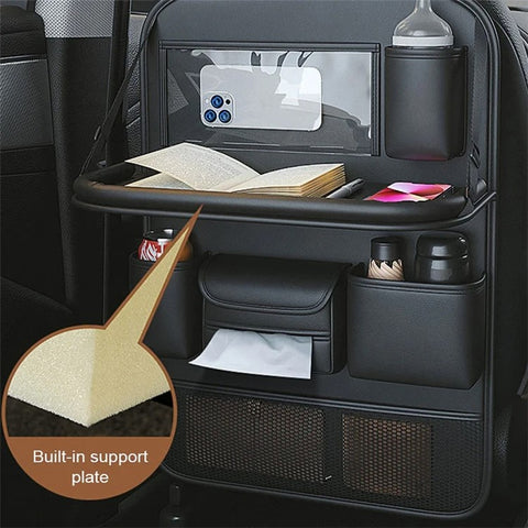Leather Car Seat Back Organizer Hanging Waterproof Storage Bag with Foldable Table
