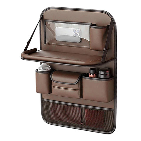 Leather Car Seat Back Organizer Hanging Waterproof Storage Bag with Foldable Table