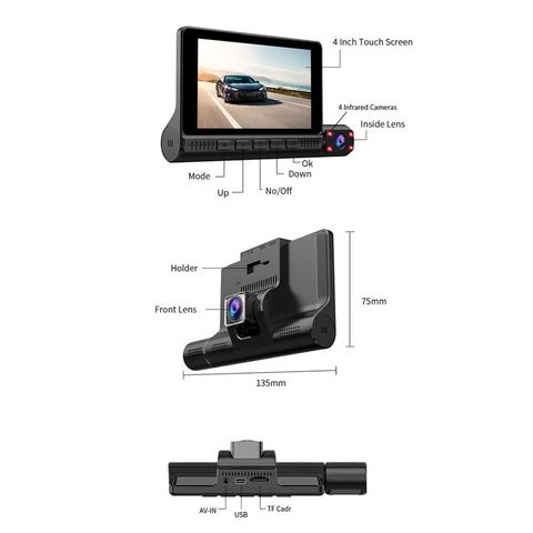 909 Car DVR Dash Cam 1080P Night Vision Parking Monitoring 4.0-inch Touch Screen 3 Cameras Driving Recorder