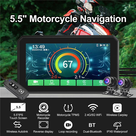 AC200 5.5-inch Screen Motorbike Camcorder DVR Carplay Tire Pressure Monitor Motorcycle Video Recorder