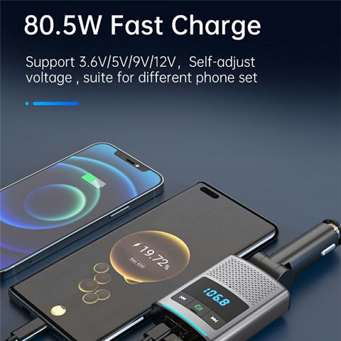 GZ16 Car Voltage Display Charger Bluetooth-Compatible MP3 Player with Retraction Type-C Cable
