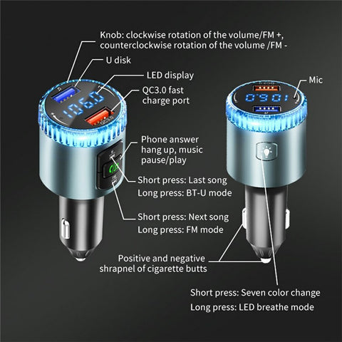 BC77 MP3 Player Ambient Light Digital Display Bluetooth-Compatible Car Charger FM Transmitter Support U-Disk