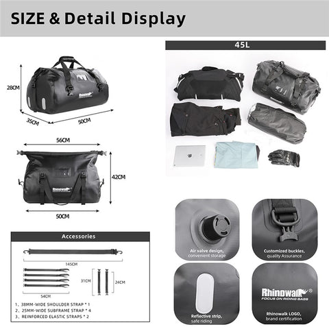 RHINOWALK MT20450BK 45L Waterproof Motorcycle Tail Bag Rear Seat Pouch with Shoulder Strap