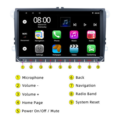 RH-753A For Golf MK5 / Polo / Passat / Jetta 1G+16G Car Multimedia Player 9-inch Android 13 FM Radio Video Player