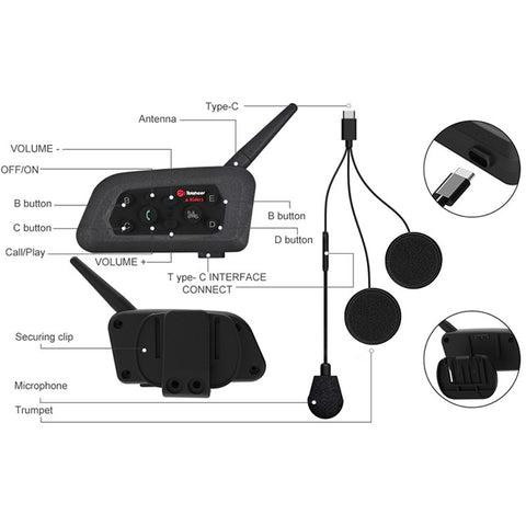 TELEHEER V6 Plus Motorcycle Helmet Bluetooth-compatible Walkie-Talkie with Headset Waterproof BT Wireless Walkie-Talkie Support 1500m Distance