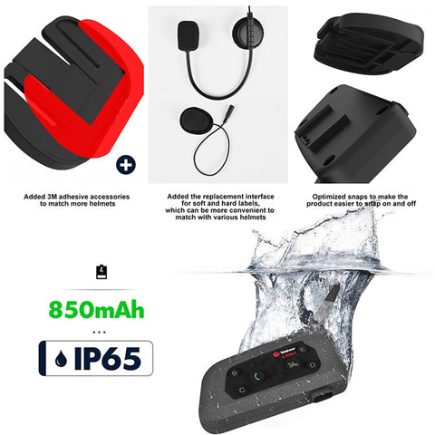 TELEHEER V6 Plus Motorcycle Helmet Bluetooth-compatible Walkie-Talkie with Headset Waterproof BT Wireless Walkie-Talkie Support 1500m Distance