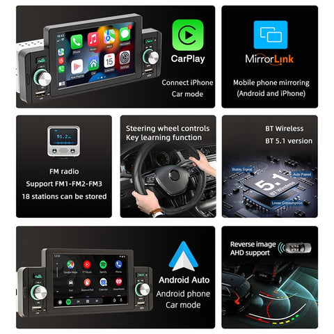 SWM 160C 5 inch Single Spindle Car Bluetooth-compatible Player MP5 MP4 Radio Audio Player CarPlay Cell Phone Connected Car BT Player