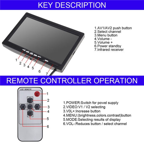 RH-701D 7" LCD Video Display Screen Monitor Rear View Backup Car 8-LED Camera Parking and Reverse System Kit with 20cm Video Cable