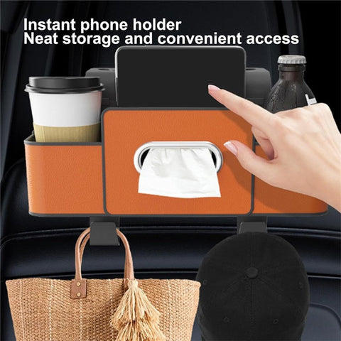 Car Seat Back Multi-Function Storage Organizer Leather+ABS Tissue Box Cup Holder with Hooks