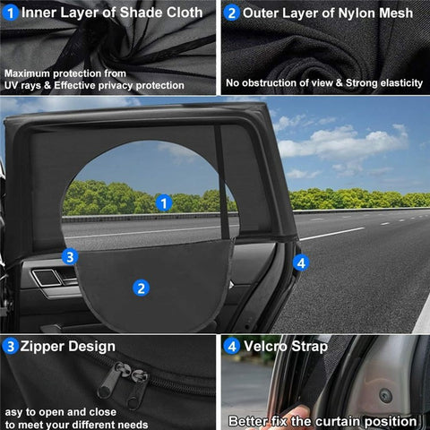2Pcs Car Window Shade Front / Rear Side Window Sun Shade Breathable Privacy Curtain with Zipper