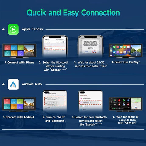 W514A 10.26 Inch Wireless CarPlay and Android Auto Screen with 1080P Dual Recording AHD Backup Camera