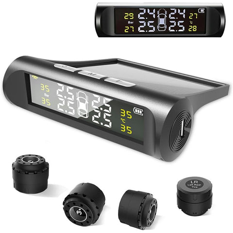 TPMS Tire Pressure Monitor System Solar Powered Wireless Car Tyre Sensor High Low Pressure Alert