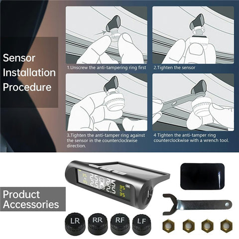 TPMS Tire Pressure Monitor System Solar Powered Wireless Car Tyre Sensor High Low Pressure Alert