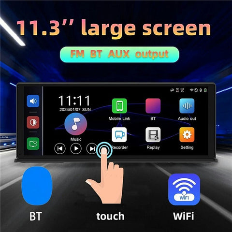 T60 Portable CarPlay Android Auto Screen 11.3 Inch Touchscreen Car Stereo Display with 1080P Rear View Camera and 24H Parking Monitor
