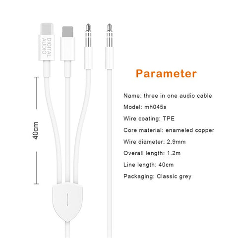 MH045S 3-in-1 Type-C / iP / 3.5mm Multifunction Car Audio Cable for iPhone 13 / Google Pixel 4 / Samsung Galaxy S20