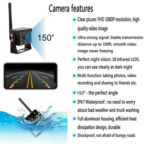 WCA102 WiFi Wireless Camera for 12-36V Car, Bus HD 1080P Infrared Night Vision Rear View Camera