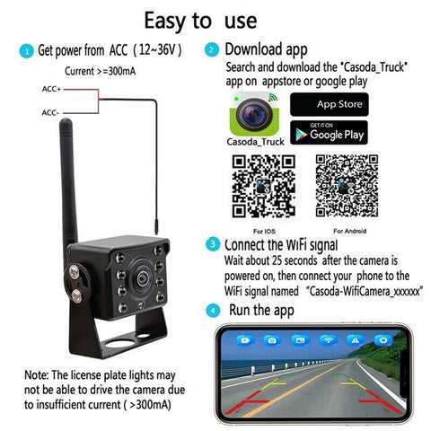 WCA102 WiFi Wireless Camera for 12-36V Car, Bus HD 1080P Infrared Night Vision Rear View Camera