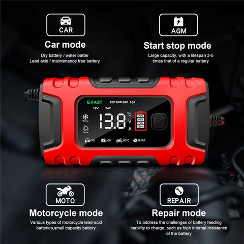 E-FAST TK-600 7-Stage Automatic Charger 12V / 24V Large Screen Car Battery Charger for Motorbikes, Trucks, etc.