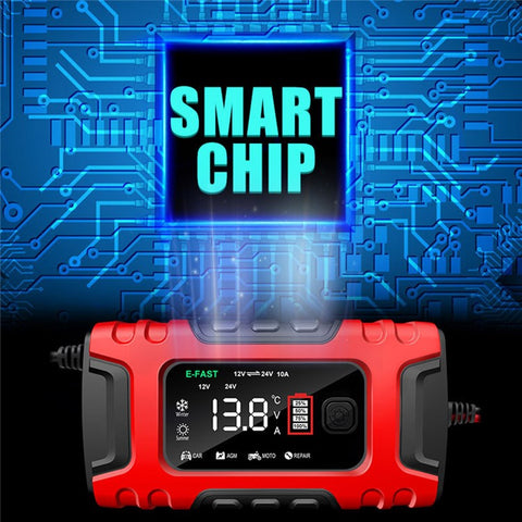 E-FAST TK-600 7-Stage Automatic Charger 12V / 24V Large Screen Car Battery Charger for Motorbikes, Trucks, etc.