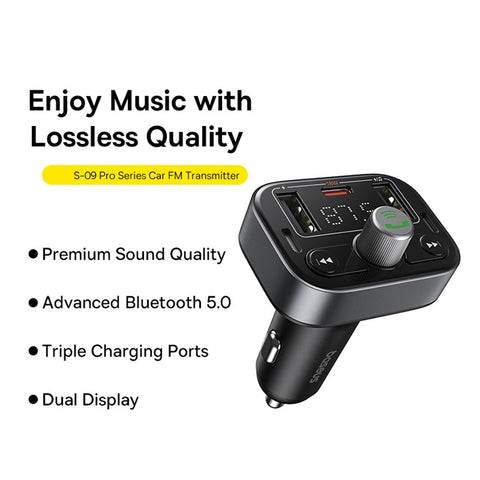 BASEUS S-09 Pro Bluetooth Hands-free Call Music Player Dual USB + Type-C Car Charger FM Transmitter