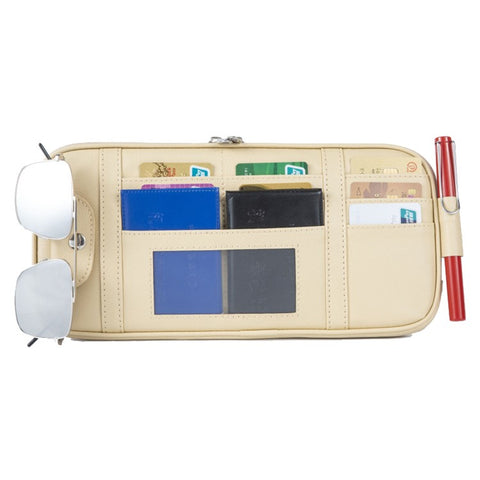 Car Sun Visor Storage Bag PU Leather Driving License Glasses Cards Holder Zipper Pocket Storage Bag