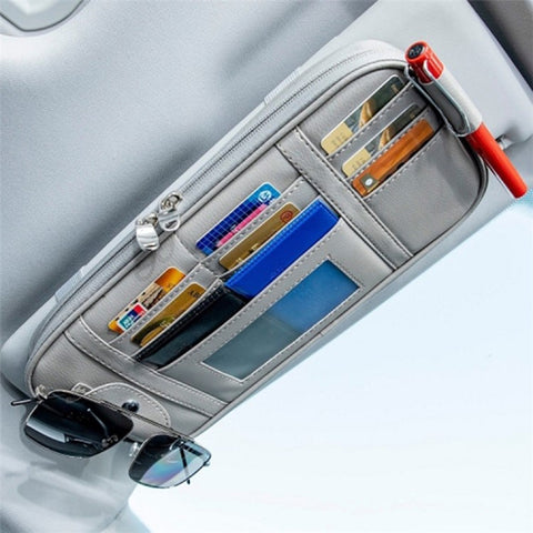 Car Sun Visor Storage Bag PU Leather Driving License Glasses Cards Holder Zipper Pocket Storage Bag