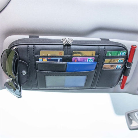 Car Sun Visor Storage Bag PU Leather Driving License Glasses Cards Holder Zipper Pocket Storage Bag