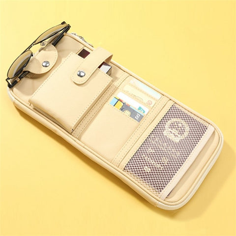 Car Sunshade Storage Bag Multi-Pockets Sunglasses Cards Pen Organizer Microfiber Leather Pouch