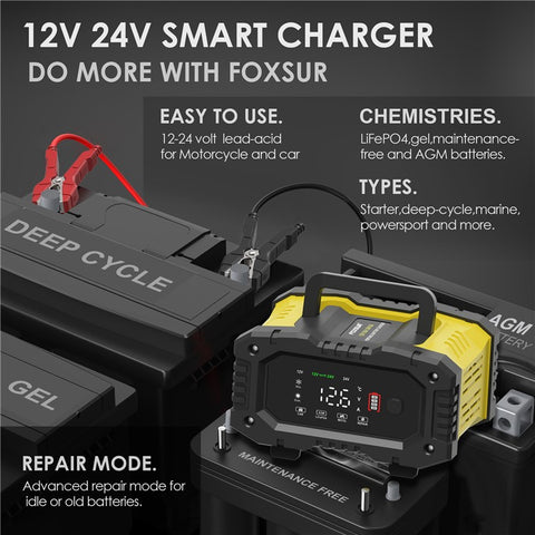 FOXSUR FPT-100 10A Portable Car Motorcycle Battery Charger 7-Stage Charging Vehicle Charger