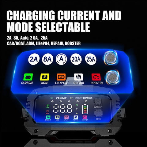 FOXSUR FPT-250 25A Portable Car Boat Motorcycle Battery Charger 8-Stage Charging Smart Charger