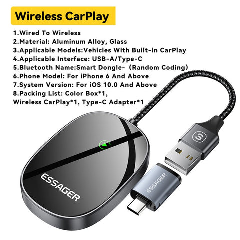 ESSAGER BY960 Aluminum Alloy+Glass WiFi 5G Module Wireless CarPlay Dongle Adapter