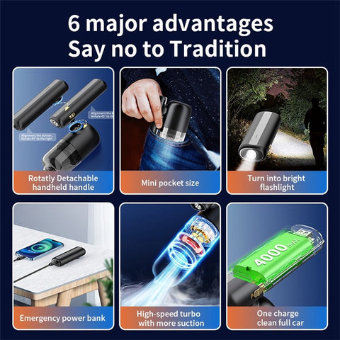 F16 Multifunction Detachable Handheld Mini Car Cleaner with Flashlight Power Bank Function