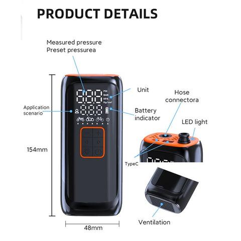 WG01 Multi-Function Portable Car Tire Inflator Electric Wireless Air Pump with Power Bank Function