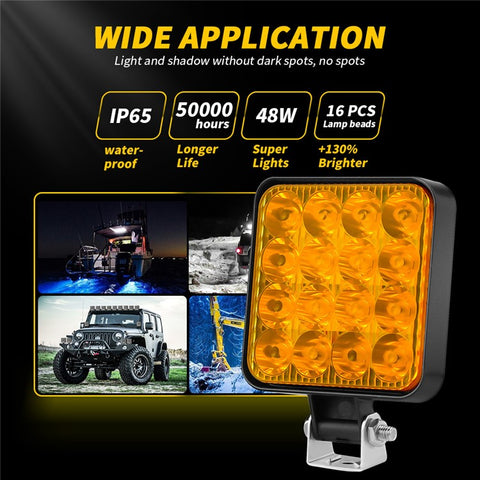 48W 12V 16-LED Car Driving Work Light Waterproof Square Car Off-Road Headlight