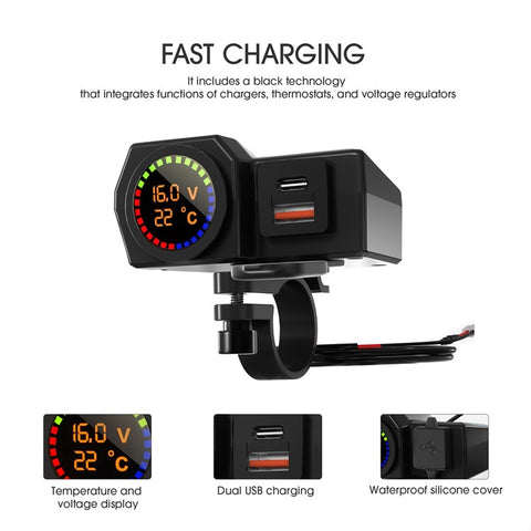 WUPP CS-1747A2 Motorcycle Modify USB+Type-C Phone Charger Voltage Temperature Digital Display PD Fast Charge Adapter