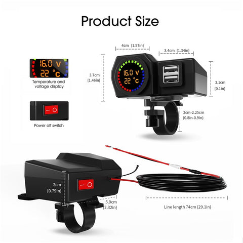 WUPP CS-1747A1 Motorcycle Modify 3.4A Dual USB Charger Voltage Temperature Digital Display Waterproof Phone Charging Adapter