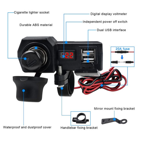 CS-1072B1 10-24V Motorcycle Dual USB Charger+Voltmeter+Cigarette Lighter Head Waterproof Multifunction Phone Charging Adapter