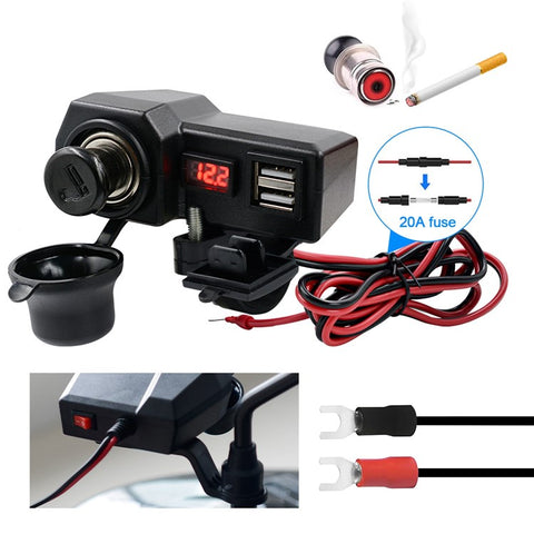 CS-1072B1 10-24V Motorcycle Dual USB Charger+Voltmeter+Cigarette Lighter Head Waterproof Multifunction Phone Charging Adapter