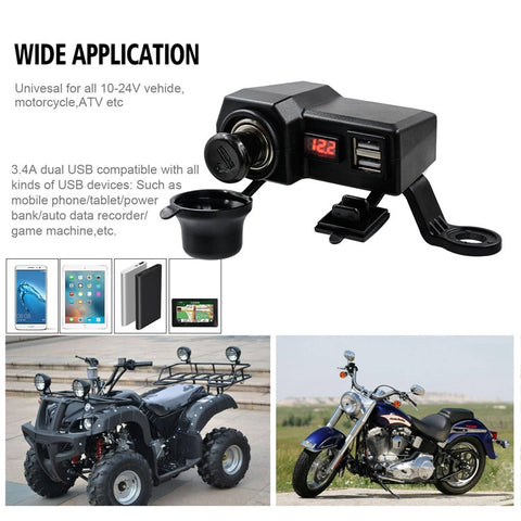 CS-1072B1 10-24V Motorcycle Dual USB Charger+Voltmeter+Cigarette Lighter Head Waterproof Multifunction Phone Charging Adapter