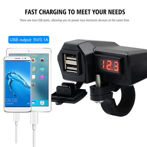CS-1072A1 10-24V Motorcycle Dual USB Charger Digital Display Voltmeter Waterproof Phone Charging Adapter