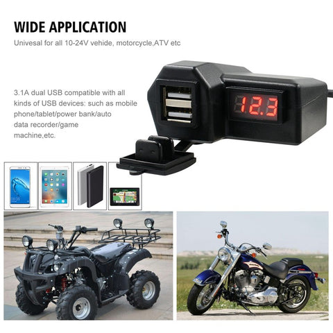 CS-1072A1 10-24V Motorcycle Dual USB Charger Digital Display Voltmeter Waterproof Phone Charging Adapter