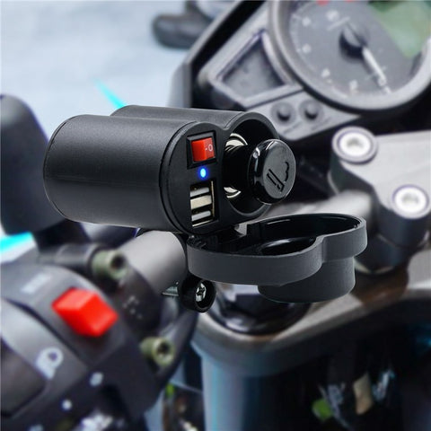 CS-313F1 12-24V Motorcycle Modify Dual USB Charger Waterproof Phone Charging Adapter with Cigarette Lighter Head and Switch