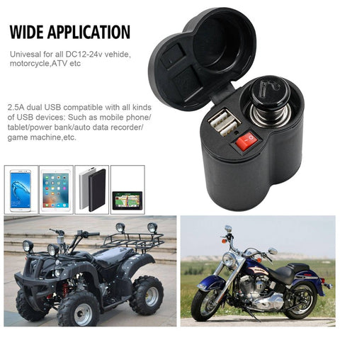 CS-313F1 12-24V Motorcycle Modify Dual USB Charger Waterproof Phone Charging Adapter with Cigarette Lighter Head and Switch