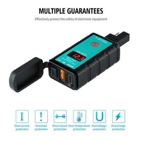 ZH-1422B3 Square Quick Charger USB+Type-C Motorcycle Handlebar Power Adapter for Cell Phone, with Voltmeter Display and 1.4m SAE+OT Terminal Cable