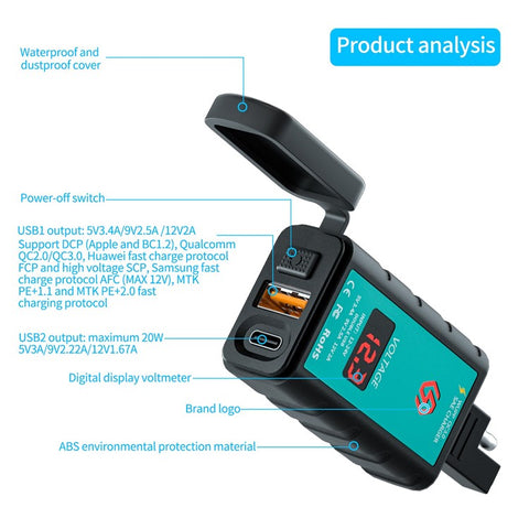 ZH-1422B3 Square Quick Charger USB+Type-C Motorcycle Handlebar Power Adapter for Cell Phone, with Voltmeter Display and 1.4m SAE+OT Terminal Cable