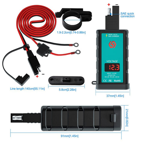 ZH-1422B3 Square Quick Charger USB+Type-C Motorcycle Handlebar Power Adapter for Cell Phone, with Voltmeter Display and 1.4m SAE+OT Terminal Cable