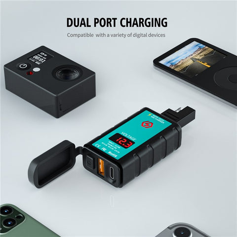 ZH-1422B3 Square Quick Charger USB+Type-C Motorcycle Handlebar Power Adapter for Cell Phone, with Voltmeter Display and 1.4m SAE+OT Terminal Cable