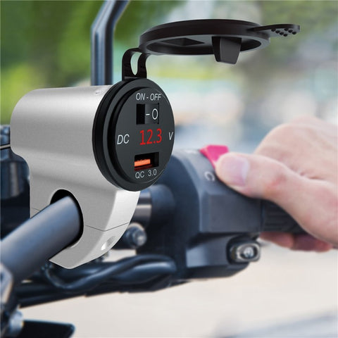 WUPP ZH-975 Motorcycle Handlebar 2.4A USB Phone Charger Aluminum Alloy Waterproof Voltage Digital Display QC3.0 Fast Charge Adapter with Switch